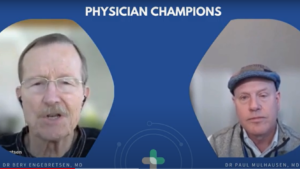 video call of 2 male doctors with the text physician champions