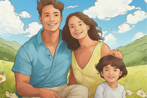 family enjoying the outdoors in the summer illustration with the aesthetic of Studio Ghibli films, in pastel color scheme