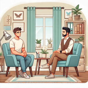 An illustration in anime style with a calming color scheme, showing 2 men talking to across from each other.