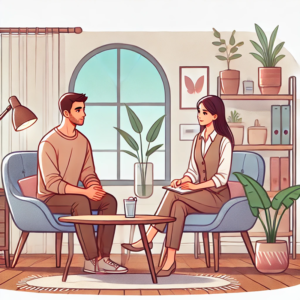 An illustration in anime style with a calming color scheme, showing a man talking a woman.