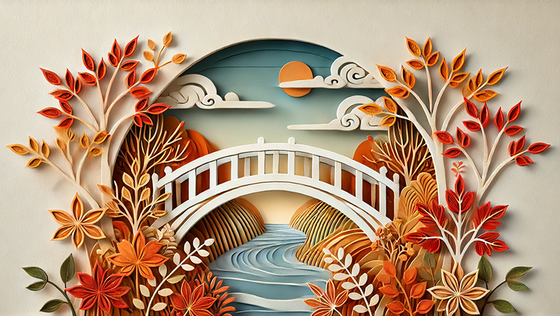 A detailed paper-cut art style illustration featuring a simple arched bridge as the central focus, set in an autumn landscape.