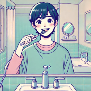 An illustration in anime style with a pastel color scheme focused on dental health. The image shows a single person in a home bathroom setting.