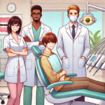 An illustration in anime style with a soft pastel color scheme, showing a diverse group of dental professionals.