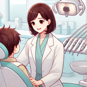 female dentist with dark brown hair talking to a young patient in the dentist chair, created in the soft pastel anime style.