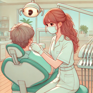 An illustration in anime style with a soft pastel color scheme, showing a dental hygienist with textured auburn hair attending to a patient 