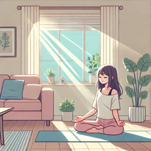 An illustration in anime style with a calming color scheme, showing a woman meditating in her living room. She is sitting cross-legged on a yoga mat.