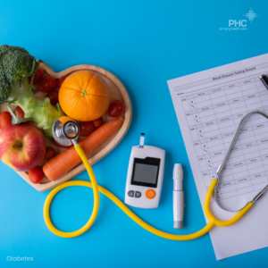An illustration in anime style with a soft pastel color palette of blues, yellows, and pinks, depicting diabetes management with diverse individuals.