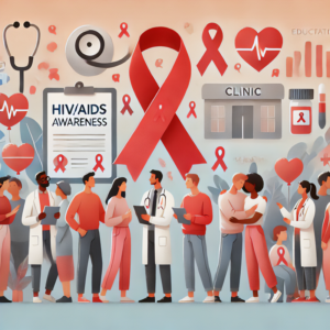 An illustration in a soft pastel color palette with a 1_1 ratio, promoting HIV_AIDS awareness. The scene features diverse individuals showing unity