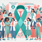 An illustration in a soft pastel color palette promoting women's health and cervical cancer awareness. The scene features diverse women.