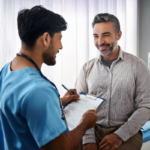 A male doctor wearing blue scrubs and a stethoscope around his neck is holding a clipboard and talking to a male patient with short graying hair and a beard, who is sitting on an examination table. The patient, dressed in a checkered button-up shirt, is smiling as he listens. The setting is a bright medical office with a curtain in the background.