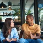 an image of two people talking at a cafe.