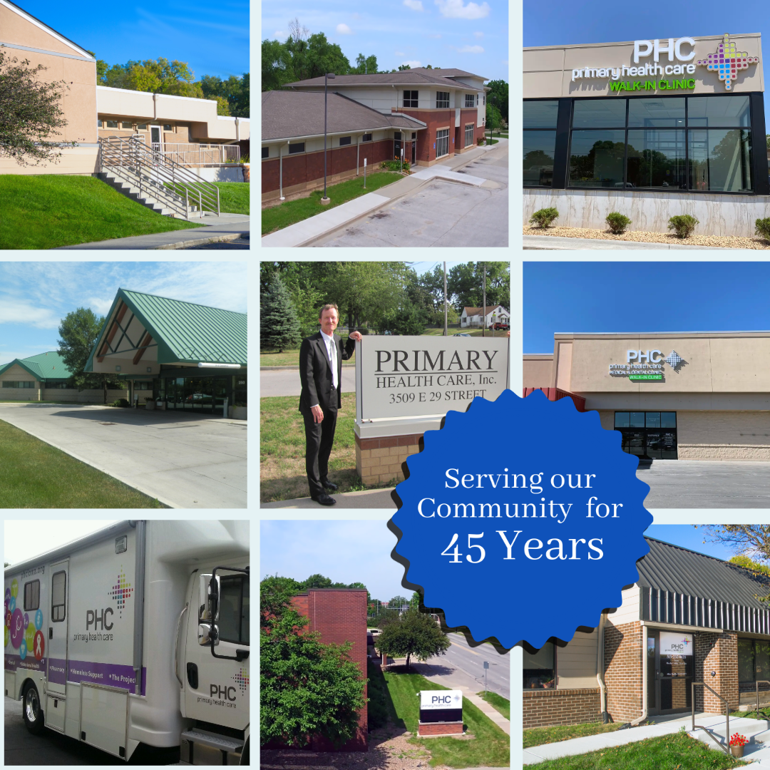 PHC at 45 Collage of Primary Health Care clinics, programs, and historical photos celebrating 45 years of serving Central Iowa communities.