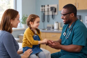 Cute child and doctor talking in clinics